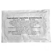Crumpled white paper package with Polish instructions about an odor neutralizer, showing a header and dense text lines.