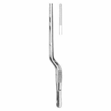 penseta_nosowa - Produkty Funeralne i Akcesoria pogrzebowe On-Line Metal dental extraction forceps with a long curved shaft and knurled handle found in a dentist's toolkit.
